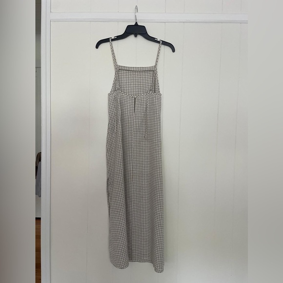 Natural/White Gingham Midi-Dress with Square Neck & Side Slit - Linen & Cotton - Picture 5 of 9